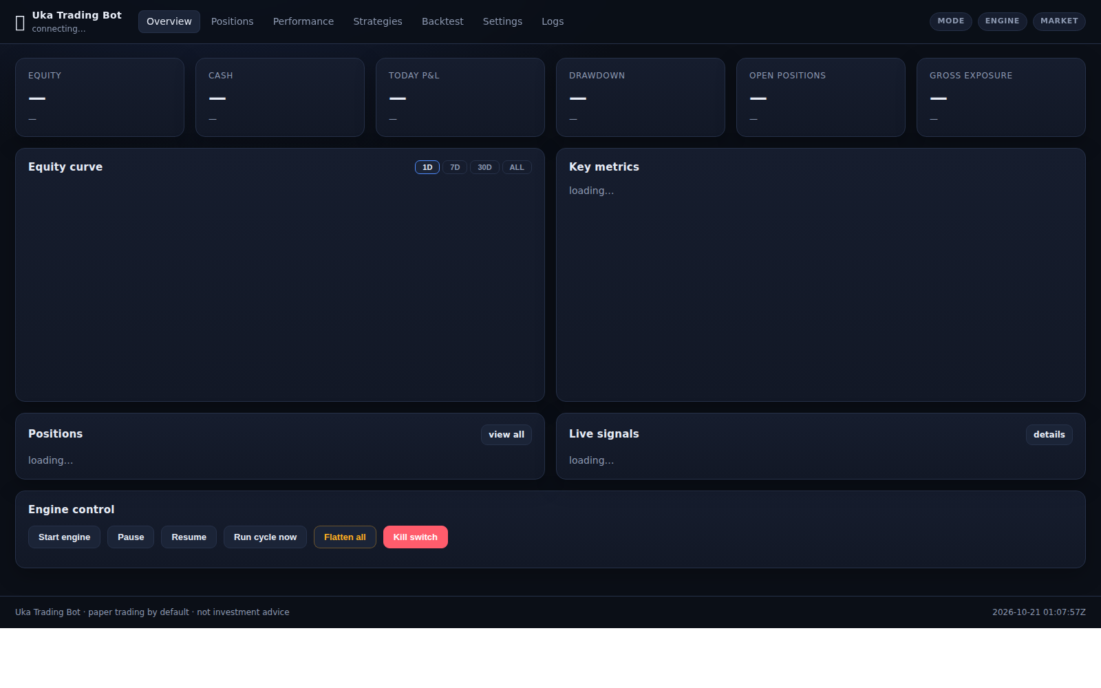 Live dashboard showing engine status, equity, exposure and an equity curve